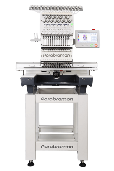 Parabraman PR-1201, одноголова 12-голкова промислова вишивальна машина з 8" сенсорним LCD-дисплеєм і полем вишивки 500 х 350 мм, вишивка в п'яльцях, бордюрній рамі, на бейсболках