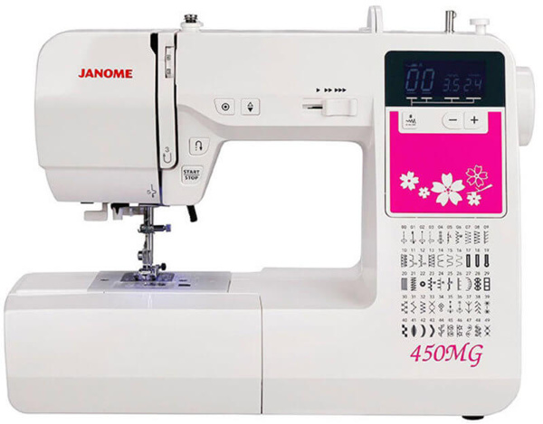 Janome 450 MG, комп'ютерна побутова швейна машина з LCD дисплеєм, 4 шаблона петель, 50 швейних операцій