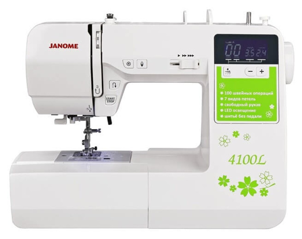 Janome 4100L, комп'ютерна побутова швейна машина з LCD дисплеєм, 7 шаблонів петель, 100 швейних операцій