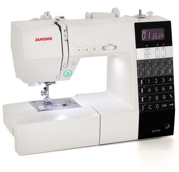 Janome DC 7100, комп'ютерна побутова швейна машина з LCD дисплеєм і автоматичною обрізкою нитки, 6 шаблонів петель, 100 швейних операцій, жорсткий чохол