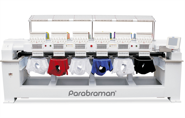 Parabraman CN-1206, шестиголова промислова вишивальна машина, вишивка в п'яльцях, в бордюрній рамі, на кепках, робоче поле 2 400 х 450 мм, швидкість вишивки 850 ст / хв